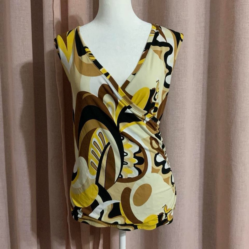 Y2k Abstract Retro Patterned Front Wrap Sleeveless Top Medium